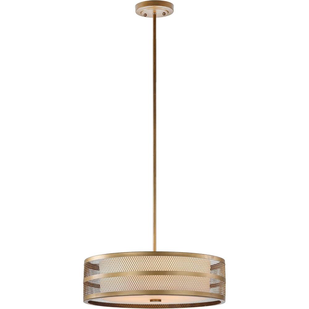 image:imageSAFAVIEH Lighting Collection Greta Veil Antique Gold 20inch Diameter Adjustable Drum Pendant Light Fixture LED Bulbs Included