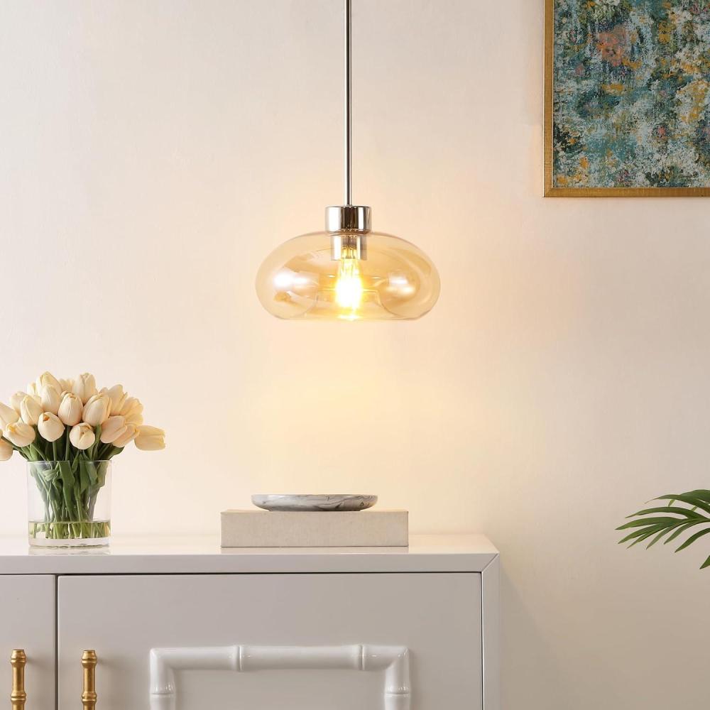 image:imageSAFAVIEH Lighting Collection Jorie AmberNickel Adjustable Pendant Hanging Light Fixture Ideal for Dining Room Kitchen Island Entryway LED Bulb Included