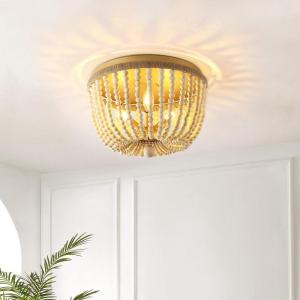 SAFAVIEH Lighting Collection Alodia Boho Coastal Brass/Natural Beaded Flush Mount (LED Bulbs Included)