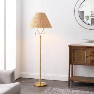 SAFAVIEH Lighting Collection Nola Coastal Boho Natural & Gold Rattan 2-Light 60-inch Pull-Chain Floor Lamp (LED Bulbs Included)(Natural/Gold)
