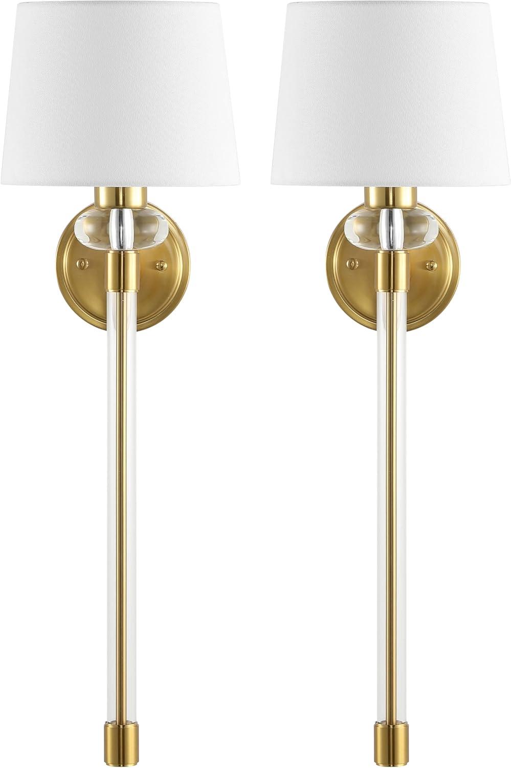 image:imageSAFAVIEH Lighting Collection Athene BrassClear Vertical Wall Sconce Set of 2 Light Fixture with White Shade Ideal for Bathroom Entryway Vanity Foyer Hallway Living Room LED Bulbs Included
