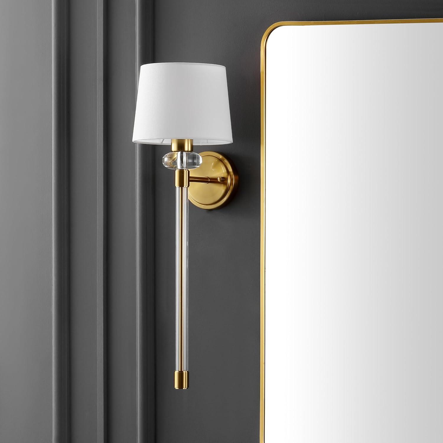 image:imageSAFAVIEH Lighting Collection Athene BrassClear Vertical Wall Sconce Set of 2 Light Fixture with White Shade Ideal for Bathroom Entryway Vanity Foyer Hallway Living Room LED Bulbs Included