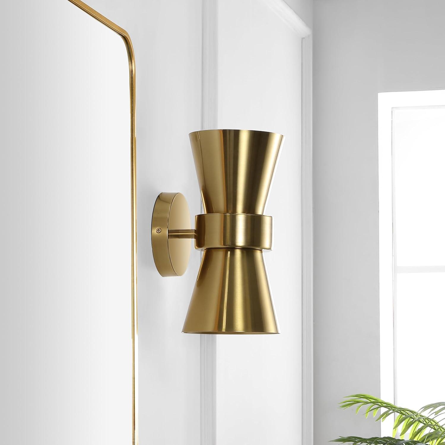 image:imageSAFAVIEH Lighting Collection Bynner Brass Modern Wall Sconce Set of 2 Light Fixture Ideal for Bathroom Entryway Vanity Foyer Hallway Living Room LED Bulbs IncludedBrass