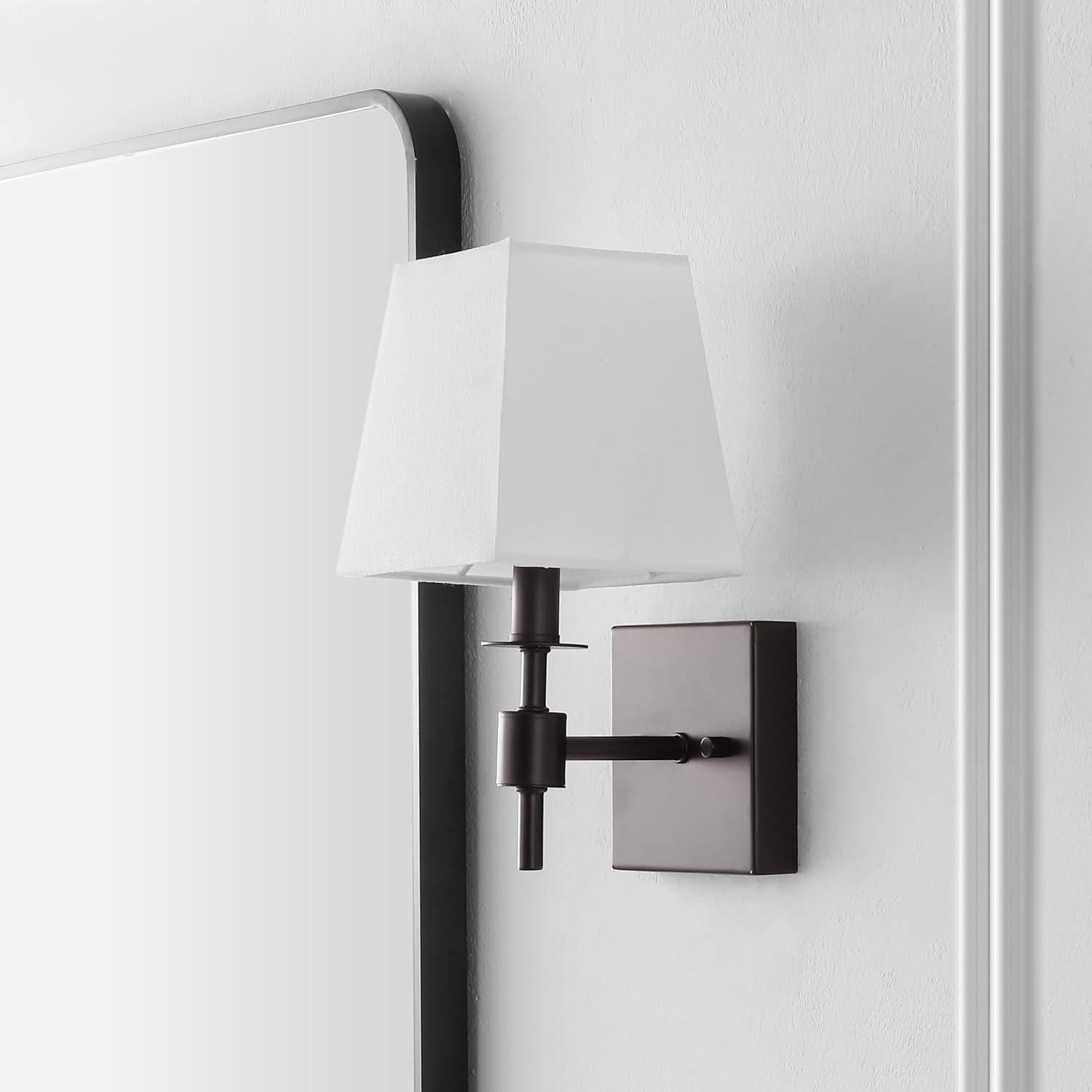 image:imageSAFAVIEH Lighting Collection Clauren Chrome Wall Sconce Set of 2 Light Fixture with White Shade Ideal for Bathroom Entryway Vanity Foyer Hallway Living Room LED Bulbs IncludedOil Rub Bronze