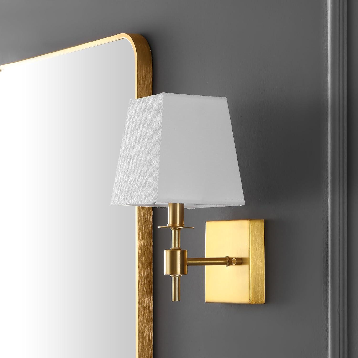 image:imageSAFAVIEH Lighting Collection Clauren Chrome Wall Sconce Set of 2 Light Fixture with White Shade Ideal for Bathroom Entryway Vanity Foyer Hallway Living Room LED Bulbs IncludedBrass