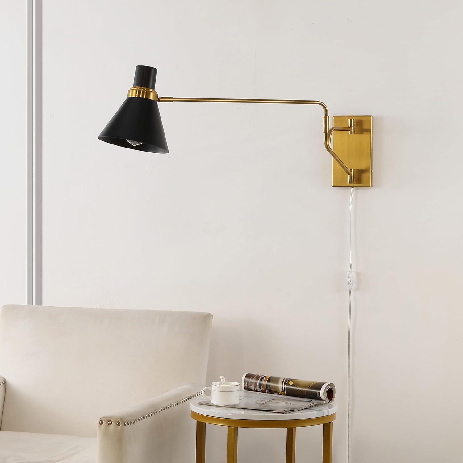 image:imageSAFAVIEH Lighting Collection Cleome BrassWhite Adjustable Arm Wall Sconce Light Fixture Ideal for Bathroom Entryway Vanity Foyer Hallway Living Room LED Bulb IncludedBrassBlack