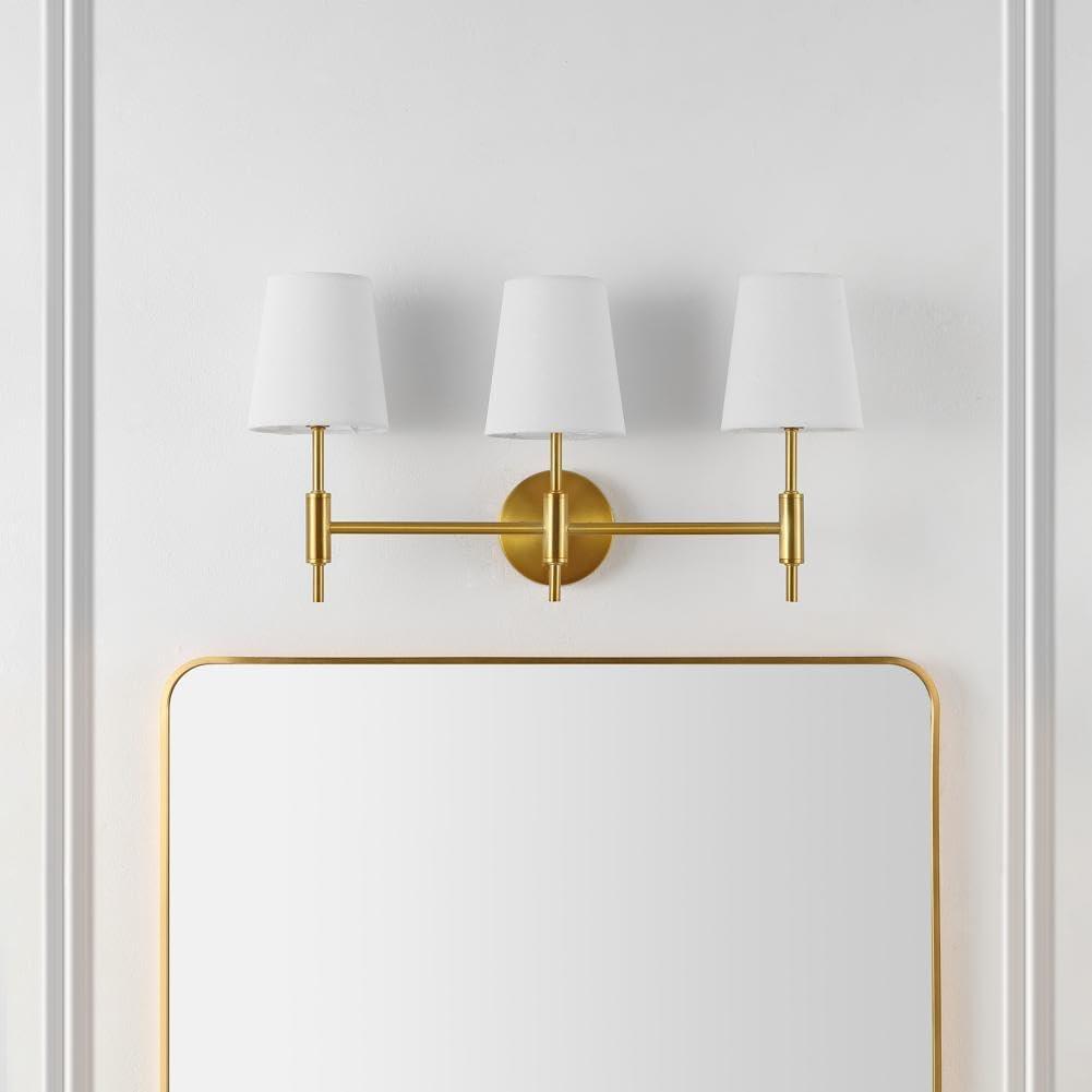 image:imageSAFAVIEH Lighting Collection Darya Brass 3Light Wall Sconce Light Fixture with White Shade Ideal for Bathroom Entryway Vanity Over Mirror Foyer Hallway Living Room LED Bulbs IncludedBrass
