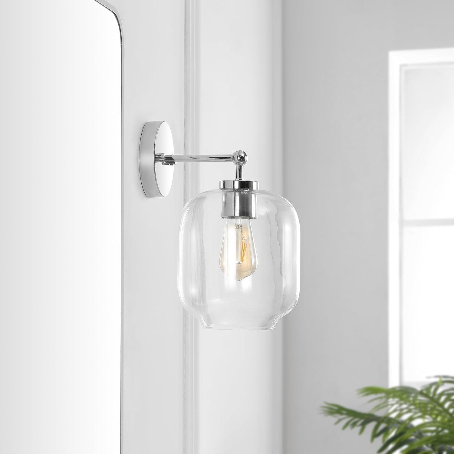 image:imageSAFAVIEH Lighting Collection Edie BlackClear Glass Shade Wall Sconce Set of 2 Light Fixture Ideal for Bathroom Entryway Vanity Foyer Hallway Living Room LED Bulbs IncludedChrome
