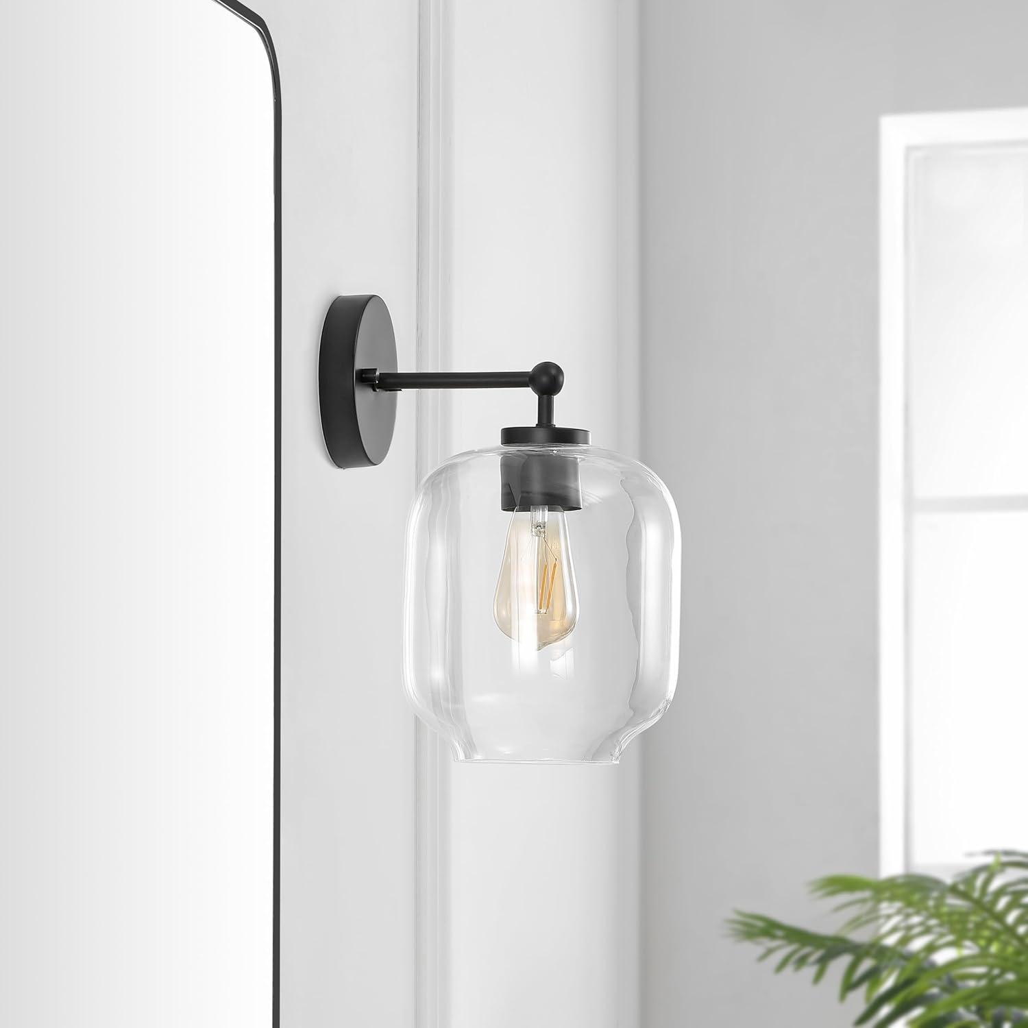 image:imageSAFAVIEH Lighting Collection Edie BlackClear Glass Shade Wall Sconce Set of 2 Light Fixture Ideal for Bathroom Entryway Vanity Foyer Hallway Living Room LED Bulbs IncludedBlack