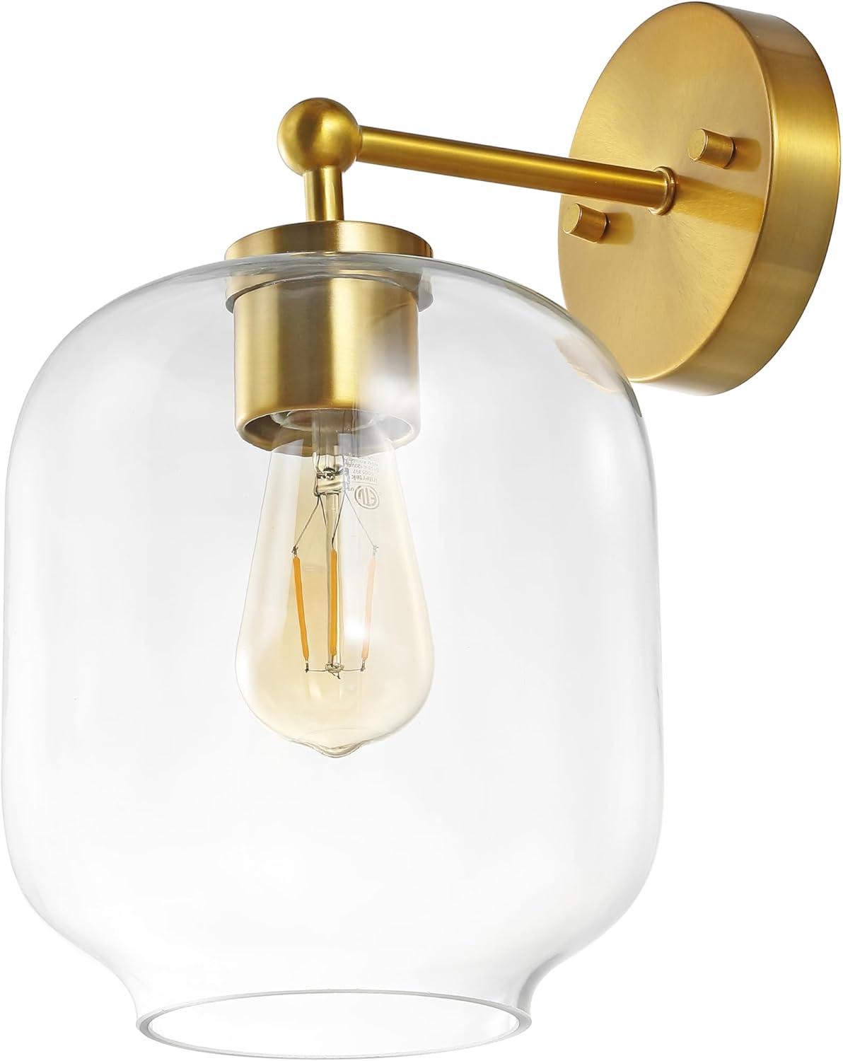image:imageSAFAVIEH Lighting Collection Edie BlackClear Glass Shade Wall Sconce Set of 2 Light Fixture Ideal for Bathroom Entryway Vanity Foyer Hallway Living Room LED Bulbs IncludedBrass
