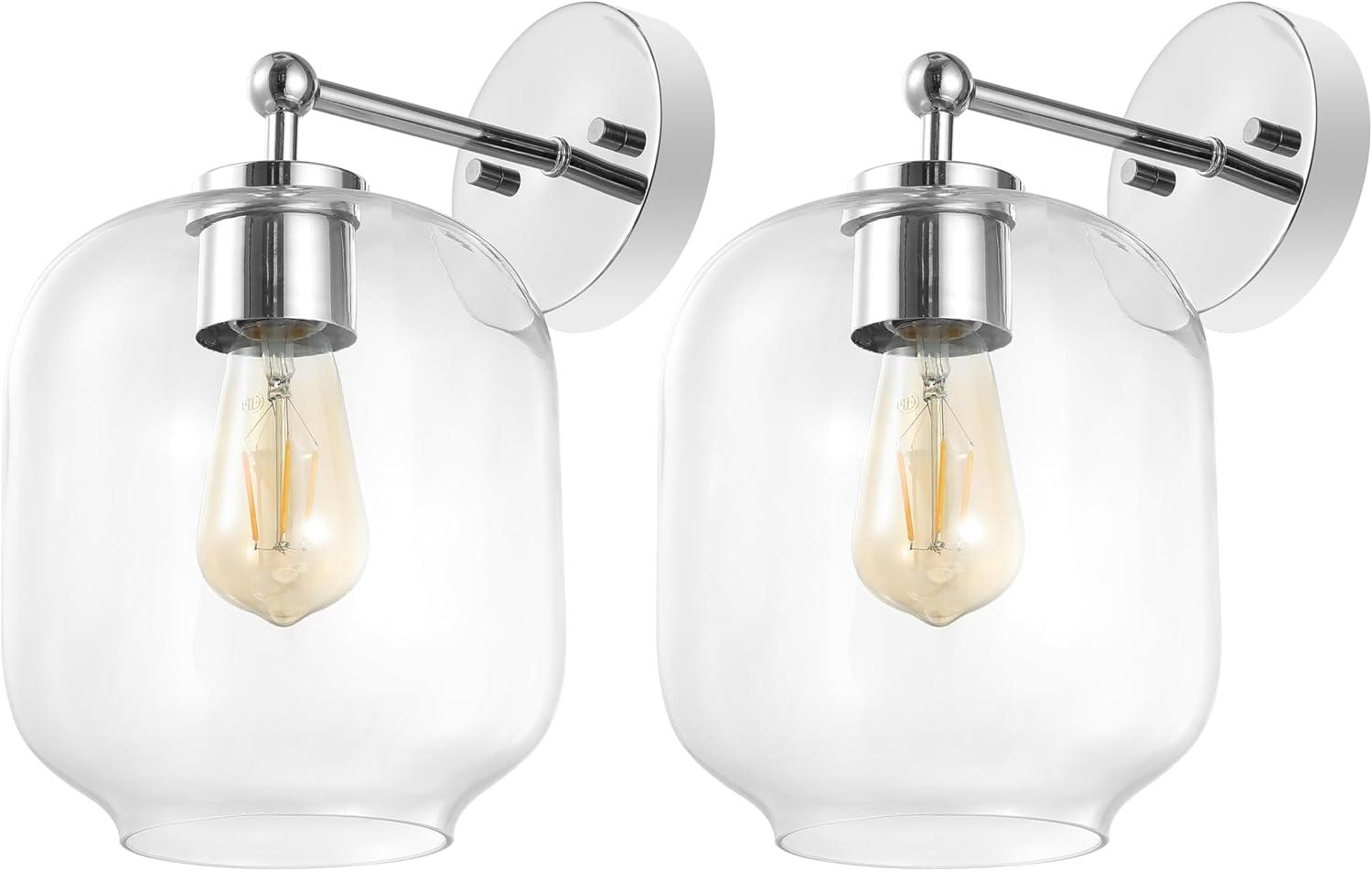 image:imageSAFAVIEH Lighting Collection Edie BlackClear Glass Shade Wall Sconce Set of 2 Light Fixture Ideal for Bathroom Entryway Vanity Foyer Hallway Living Room LED Bulbs IncludedChrome