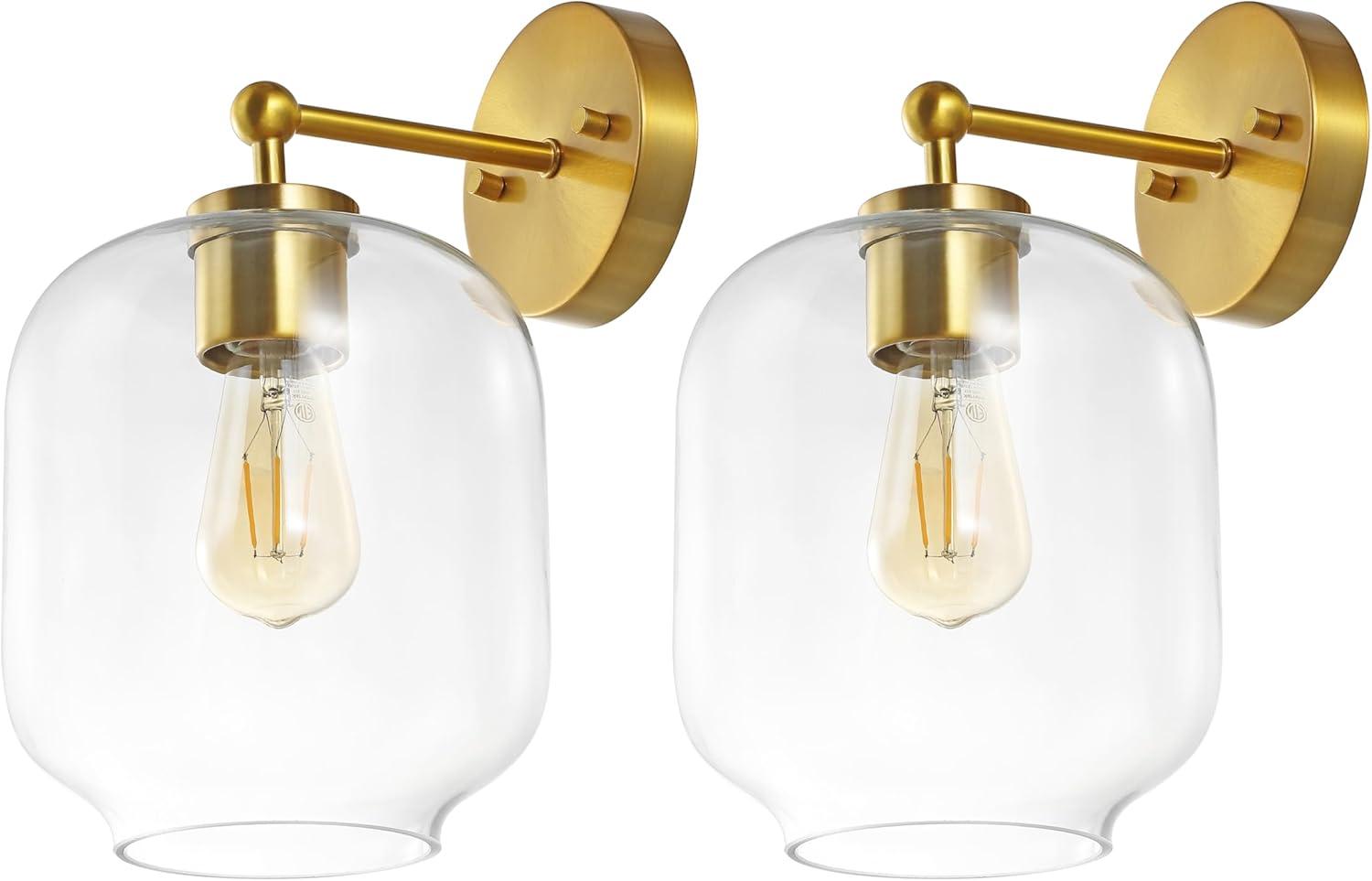 image:imageSAFAVIEH Lighting Collection Edie BlackClear Glass Shade Wall Sconce Set of 2 Light Fixture Ideal for Bathroom Entryway Vanity Foyer Hallway Living Room LED Bulbs IncludedBrass
