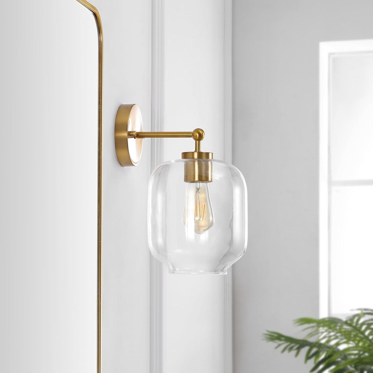 image:imageSAFAVIEH Lighting Collection Edie BlackClear Glass Shade Wall Sconce Set of 2 Light Fixture Ideal for Bathroom Entryway Vanity Foyer Hallway Living Room LED Bulbs IncludedBrass
