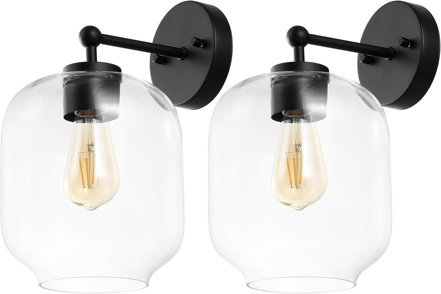image:imageSAFAVIEH Lighting Collection Edie BlackClear Glass Shade Wall Sconce Set of 2 Light Fixture Ideal for Bathroom Entryway Vanity Foyer Hallway Living Room LED Bulbs IncludedBlack