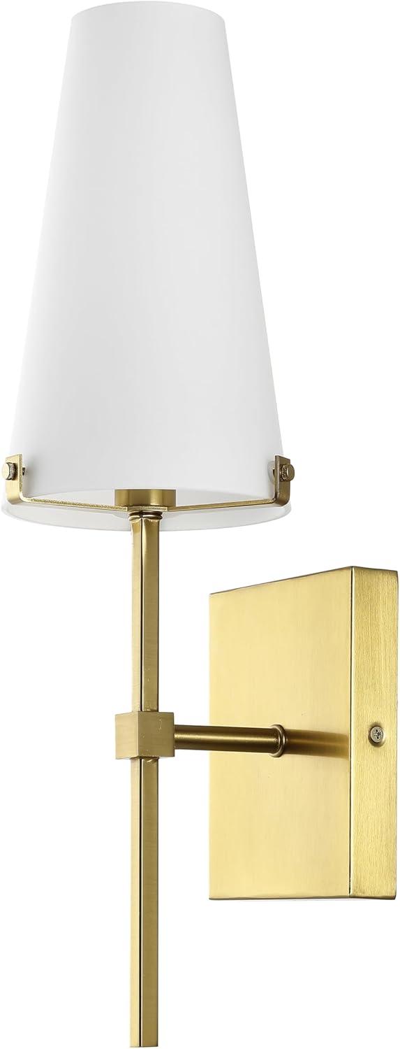 image:imageSAFAVIEH Lighting Collection Nanda BrassWhite Shade Wall Sconce Light Fixture Ideal for Bathroom Entryway Vanity Foyer Hallway Living Room LED Bulb IncludedBrass