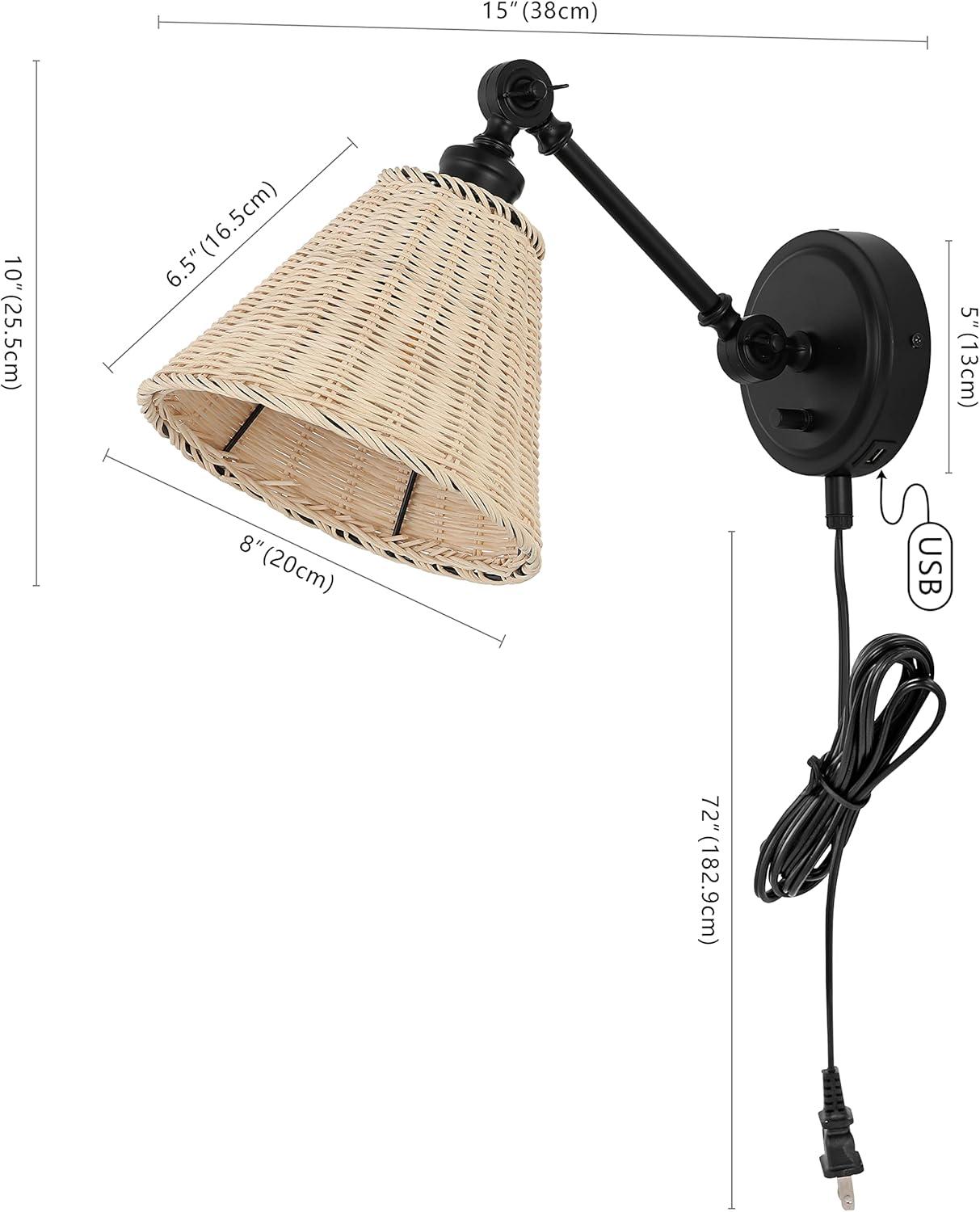 image:imageSAFAVIEH Lighting Collection Oswynn Boho Coastal Natural RattanBrass USB Port Wall Sconce Set of 2NaturalBlack