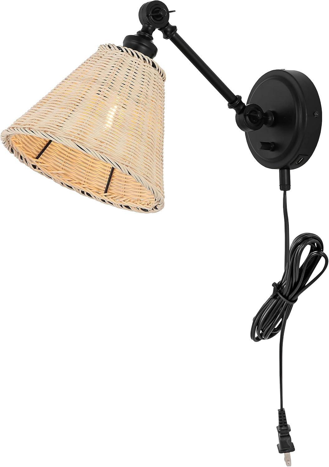 image:imageSAFAVIEH Lighting Collection Oswynn Boho Coastal Natural RattanBrass USB Port Wall Sconce Set of 2NaturalBlack