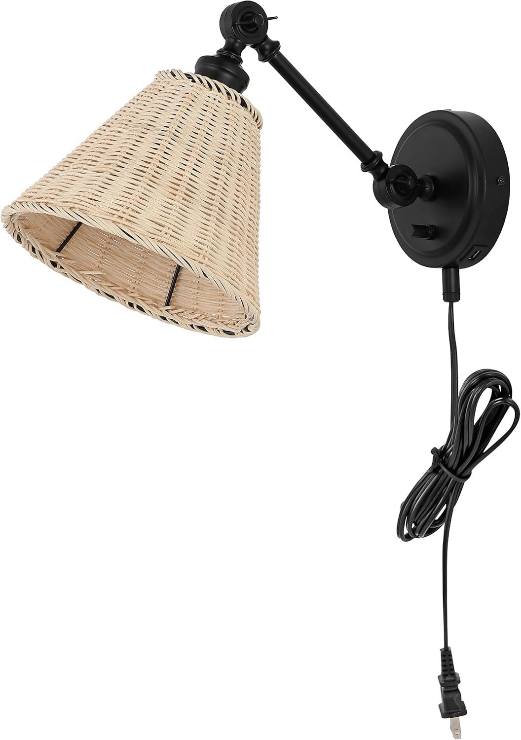 image:imageSAFAVIEH Lighting Collection Oswynn Boho Coastal Natural RattanBrass USB Port Wall Sconce Set of 2NaturalBlack