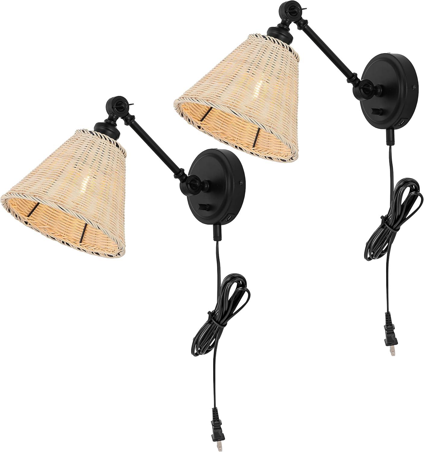 image:imageSAFAVIEH Lighting Collection Oswynn Boho Coastal Natural RattanBrass USB Port Wall Sconce Set of 2NaturalBlack