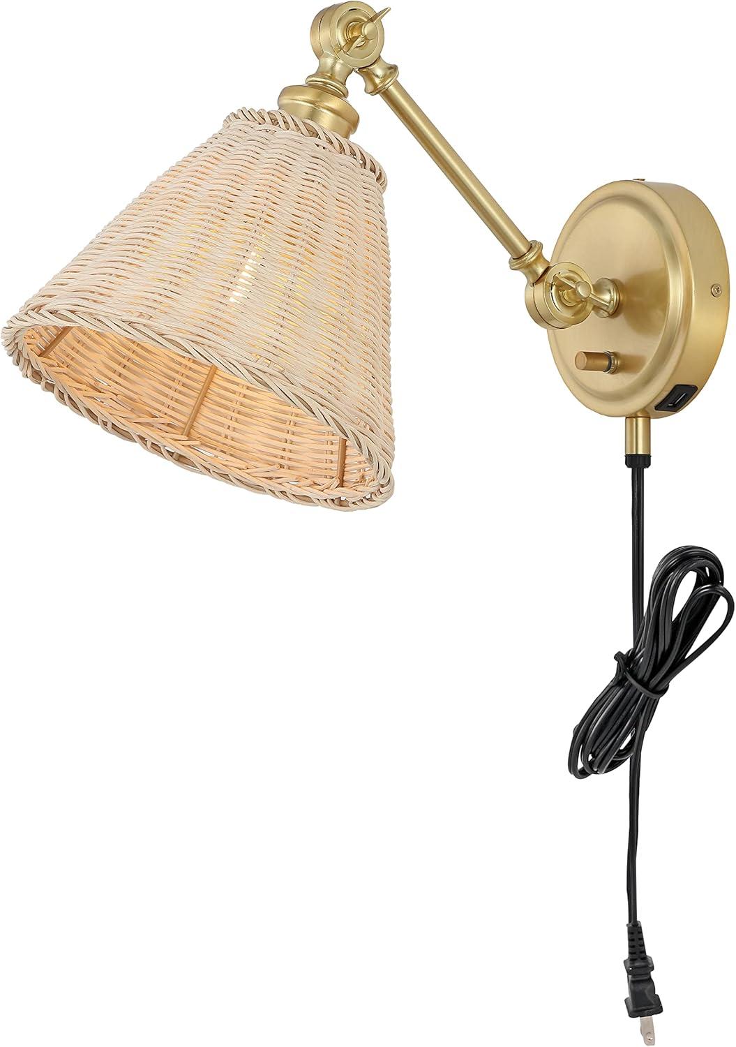 image:imageSAFAVIEH Lighting Collection Oswynn Boho Coastal Natural RattanBrass USB Port Wall Sconce Set of 2NaturalBrass