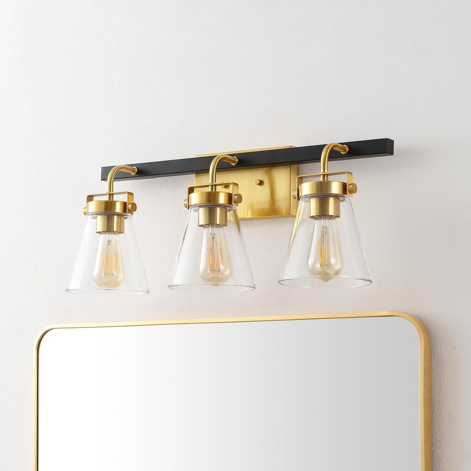image:imageSAFAVIEH Lighting Collection Rayney ChromeBlack 3Light Wall Sconce Light Fixture Glass Shade Ideal for Bathroom Vanity Over Mirror Entryway Foyer Hallway Living Room LED Bulbs IncludedBrassBlack