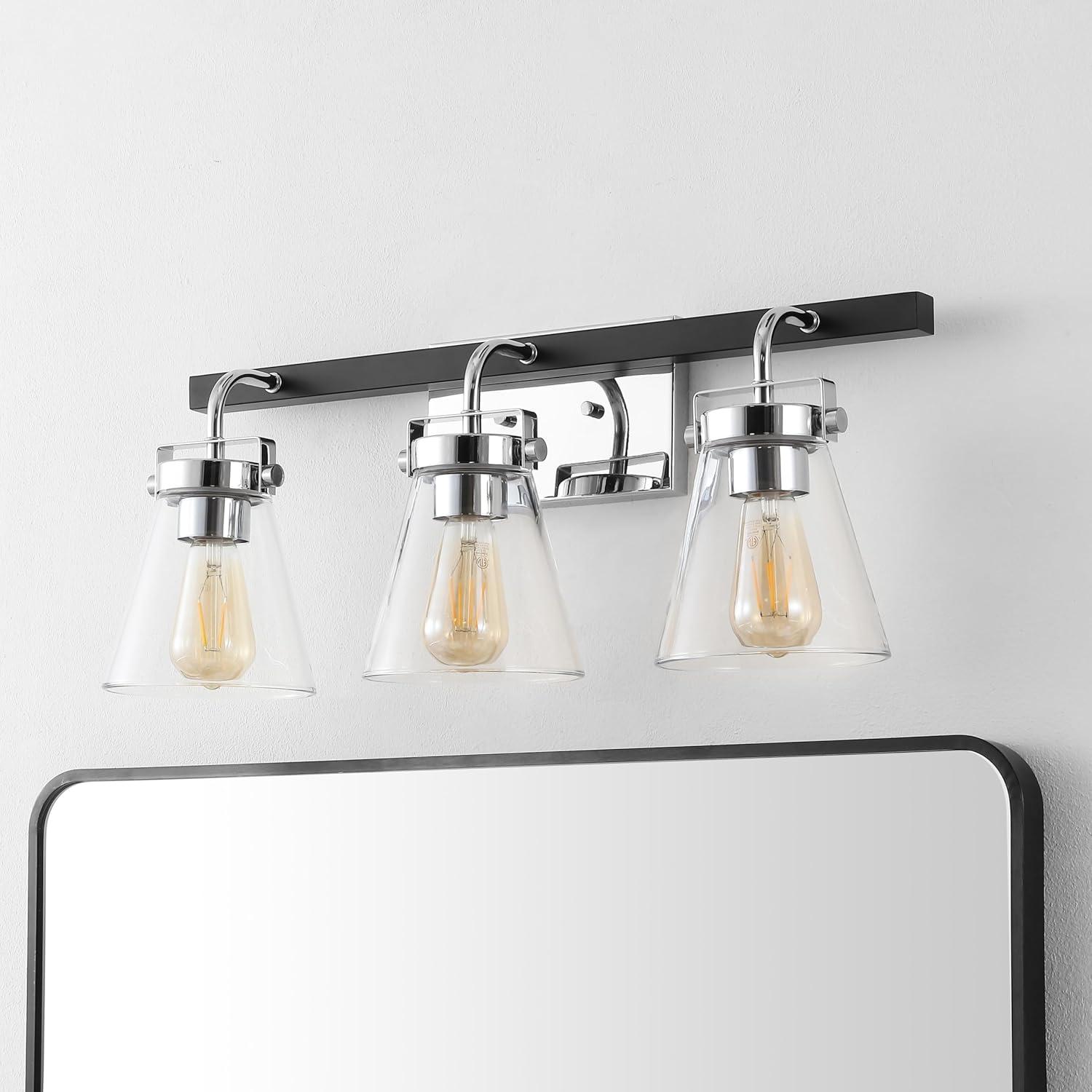image:imageSAFAVIEH Lighting Collection Rayney ChromeBlack 3Light Wall Sconce Light Fixture Glass Shade Ideal for Bathroom Vanity Over Mirror Entryway Foyer Hallway Living Room LED Bulbs IncludedChromeBlack