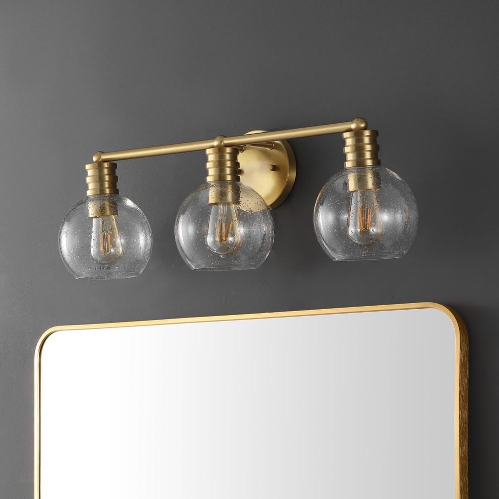 image:imageSAFAVIEH Lighting Collection Sunetta BlackClear Glass Globe Shade 3Light Wall Sconce Light Fixture Ideal for Bathroom Entryway Vanity Over Mirror Foyer Living Room LED Bulbs IncludedBrass