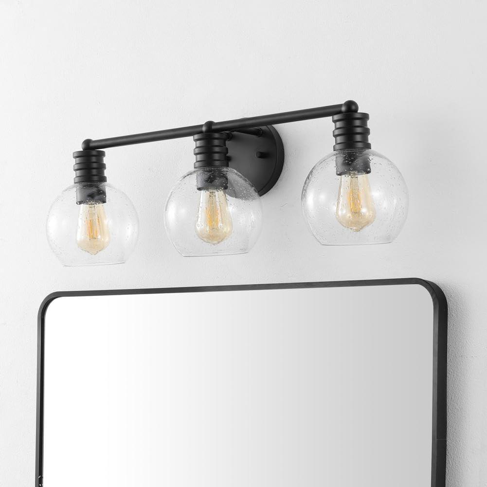 image:imageSAFAVIEH Lighting Collection Sunetta BlackClear Glass Globe Shade 3Light Wall Sconce Light Fixture Ideal for Bathroom Entryway Vanity Over Mirror Foyer Living Room LED Bulbs IncludedBlack