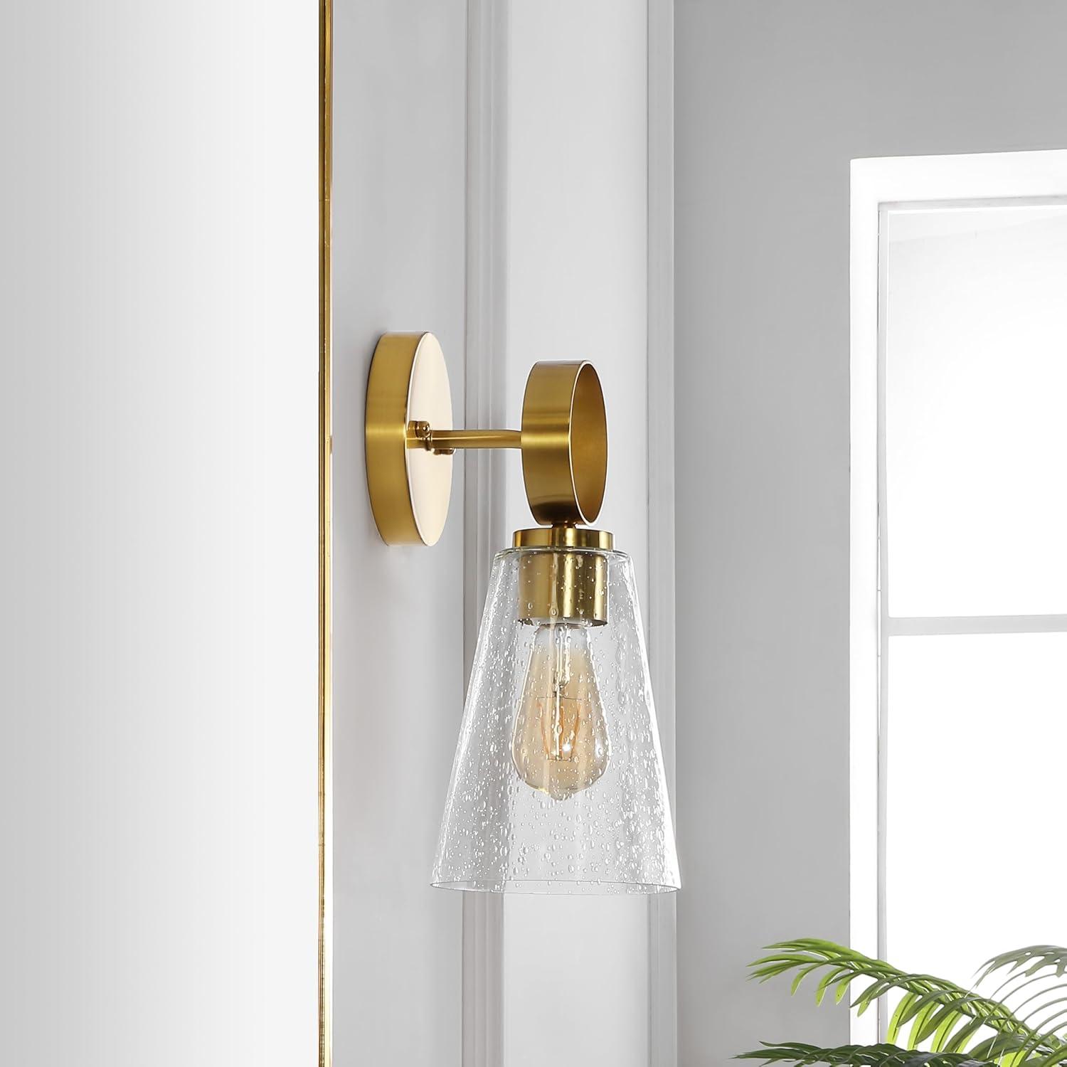 image:imageSAFAVIEH Lighting Collection Taelor BrassClear Glass Shade Wall Sconce Set of 2 Light Fixture Ideal for Bathroom Entryway Vanity Foyer Hallway Living Room LED Bulbs Included