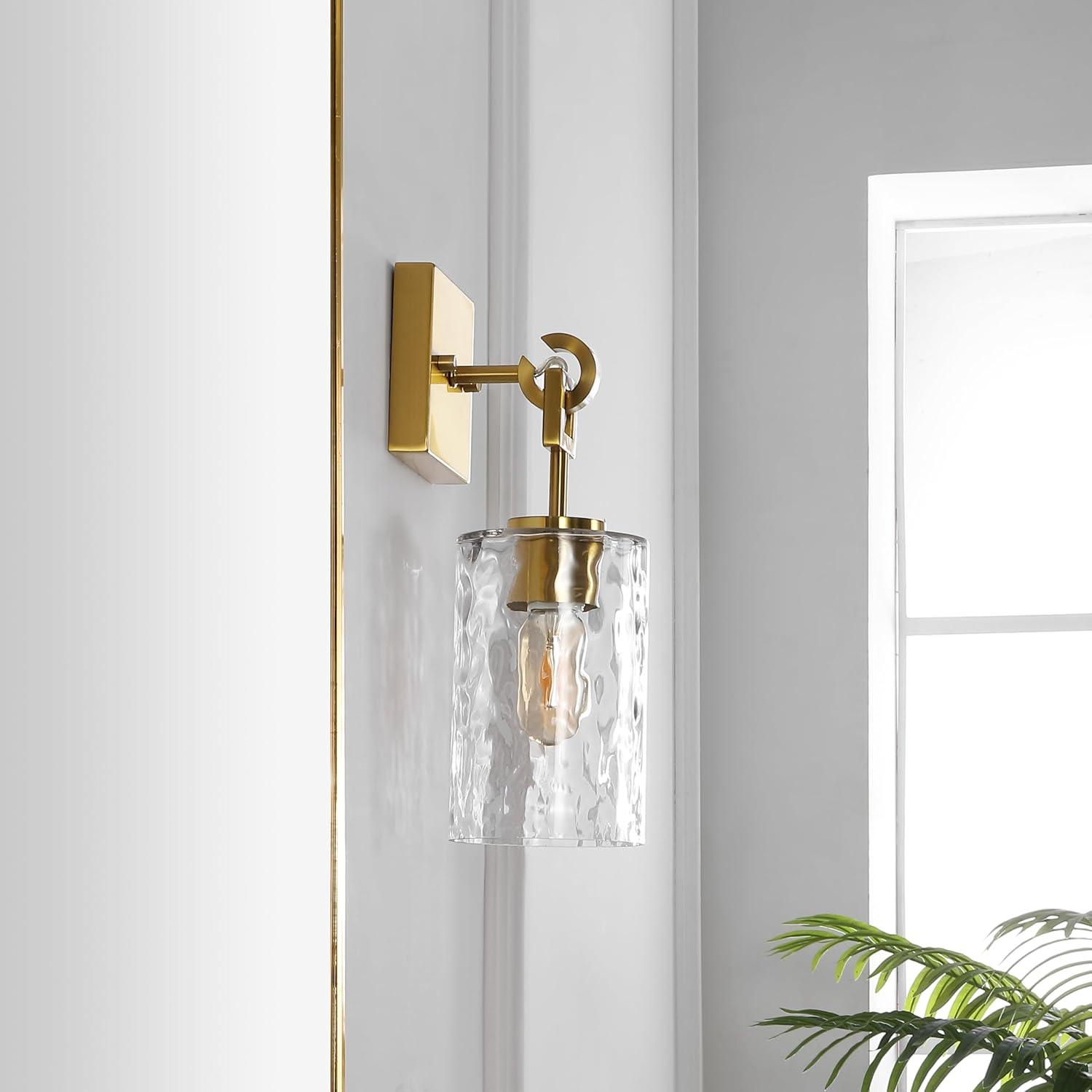 image:imageSAFAVIEH Lighting Collection Tyrosa BrassClear Glass Shade Wall Sconce Set of 2 Light Fixture Ideal for Bathroom Entryway Vanity Foyer Hallway Living Room LED Bulbs Included