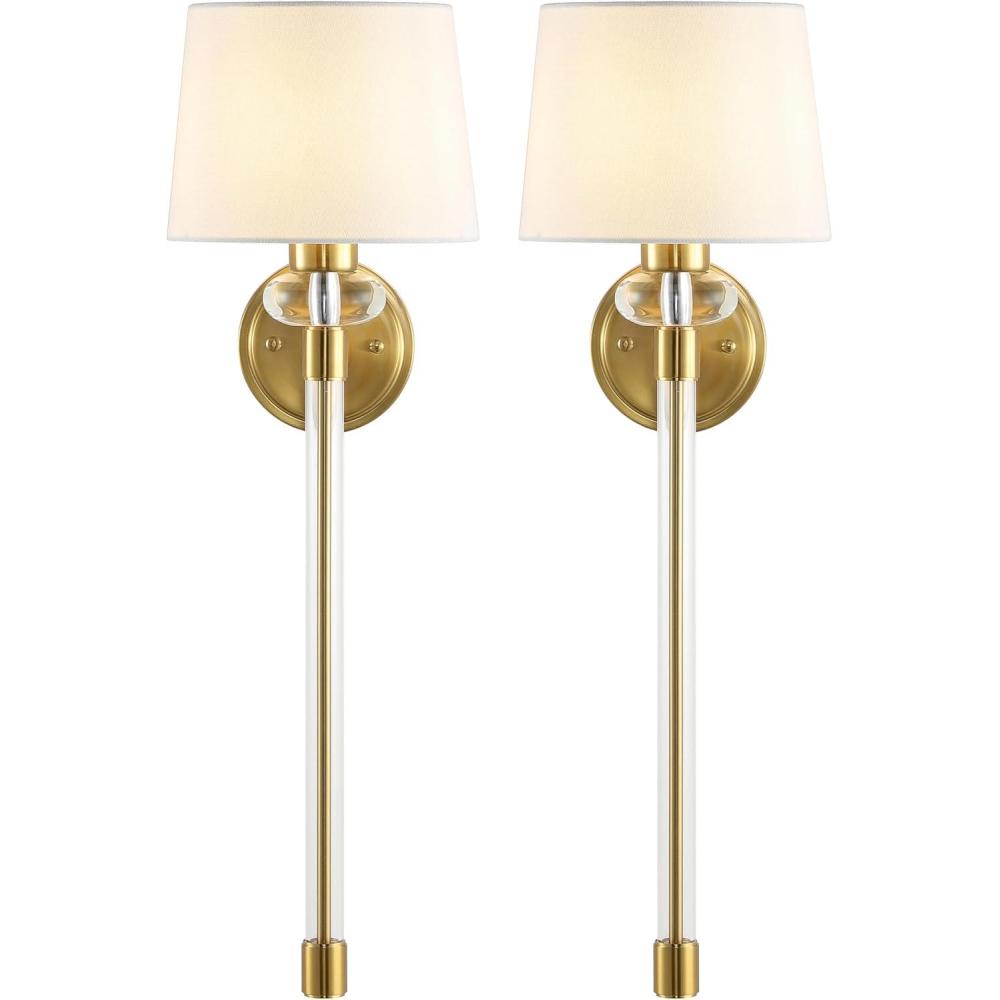 image:imageSAFAVIEH Lighting Collection Athene BrassClear Vertical Wall Sconce Set of 2 Light Fixture with White Shade Ideal for Bathroom Entryway Vanity Foyer Hallway Living Room LED Bulbs Included