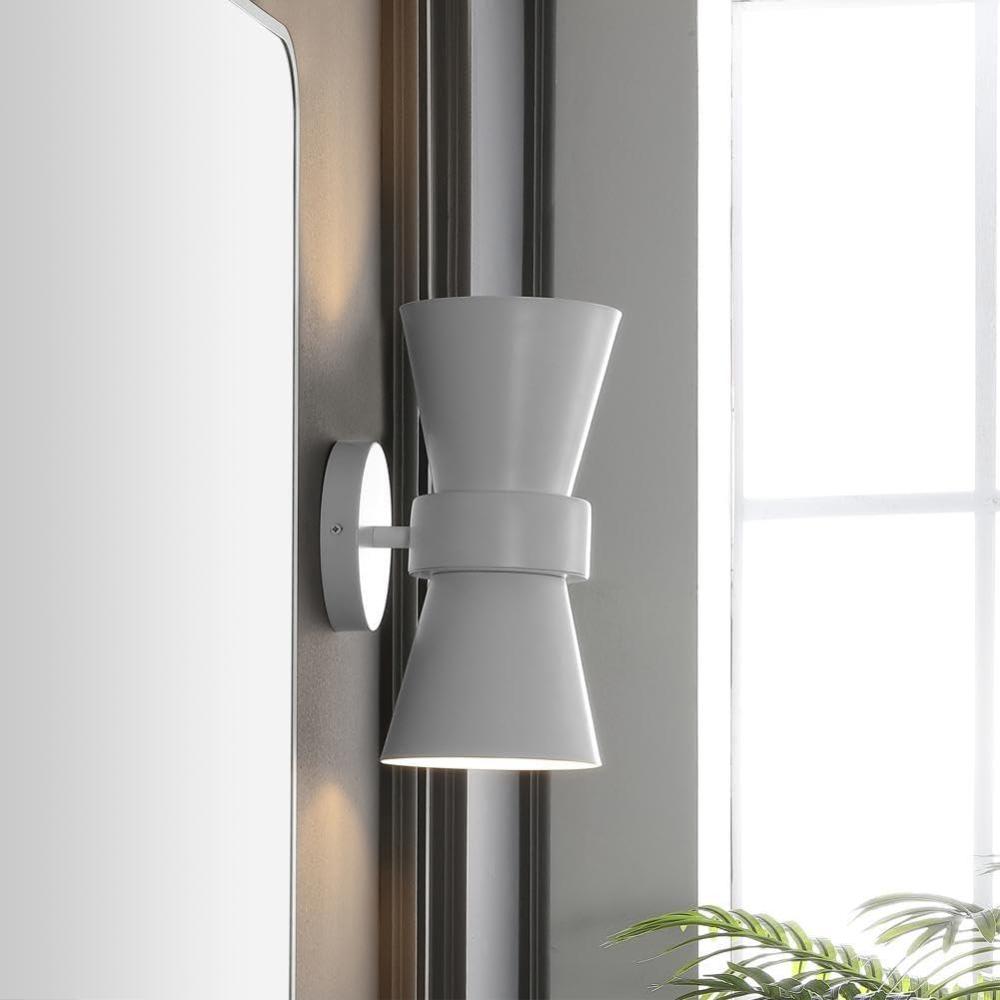 image:imageSAFAVIEH Lighting Collection Bynner Brass Modern Wall Sconce Set of 2 Light Fixture Ideal for Bathroom Entryway Vanity Foyer Hallway Living Room LED Bulbs IncludedWhite