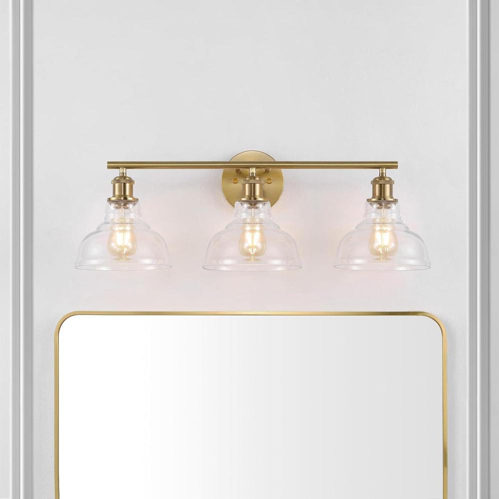 image:imageSAFAVIEH Lighting Collection Calyna ChromeClear 3light Wall Sconce Light Fixture Ideal for Bathroom Entryway Vanity Foyer Hallway Living Room LED Bulbs IncludedBrass
