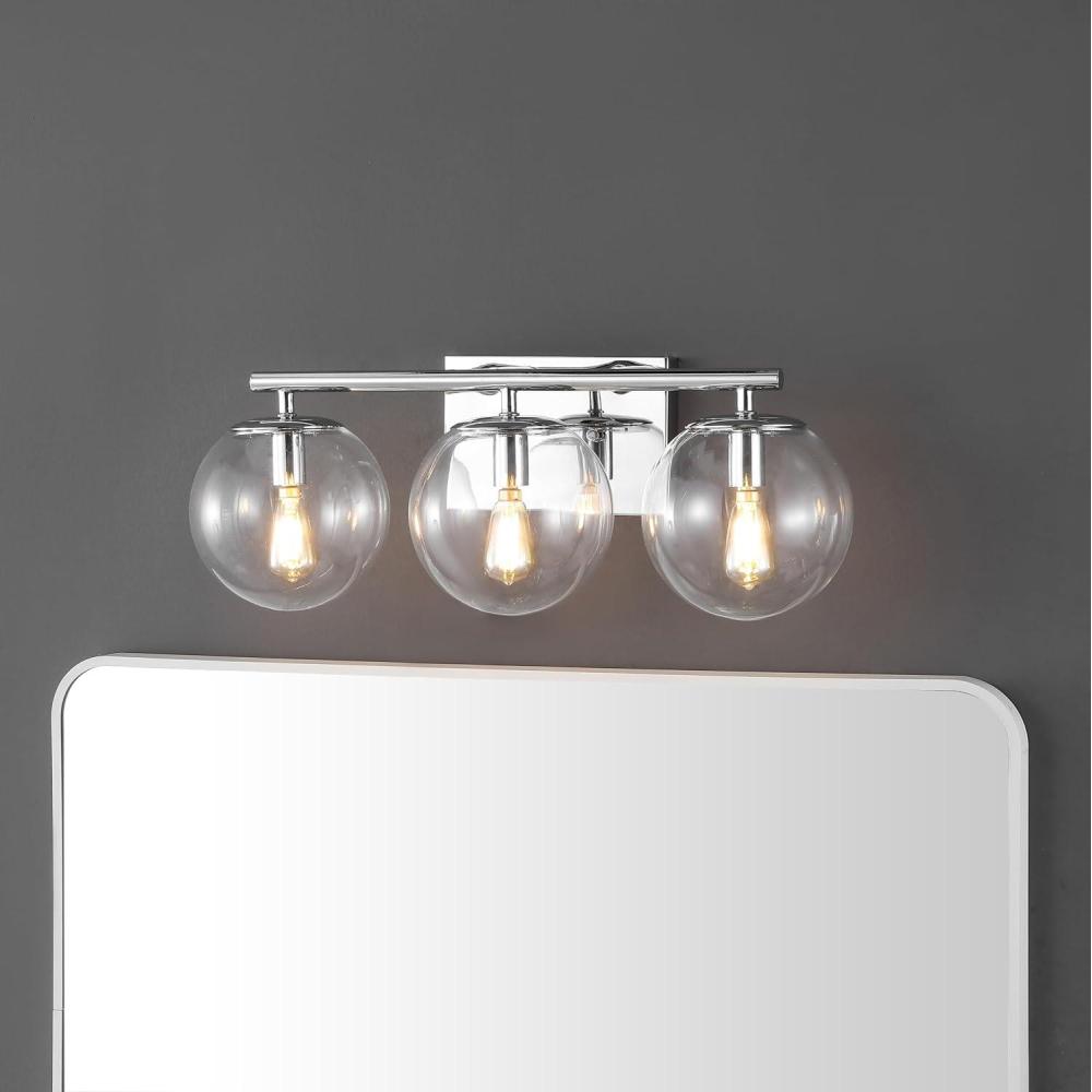 image:imageSAFAVIEH Lighting Collection Charlene ChromeClear Glass Globe Shade 3Light Wall Sconce Light Fixture Ideal for Bathroom Entryway Vanity Over Mirror Foyer Living Room LED Bulbs IncludedChrome