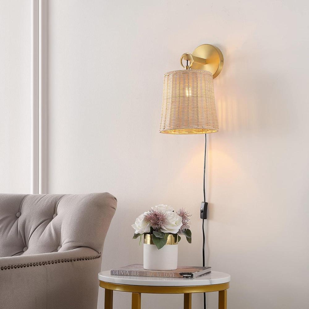 image:imageSAFAVIEH Lighting Collection Ciaran Boho Coastal Natural RattanBlack Wall Sconce Set of 2NaturalBrass