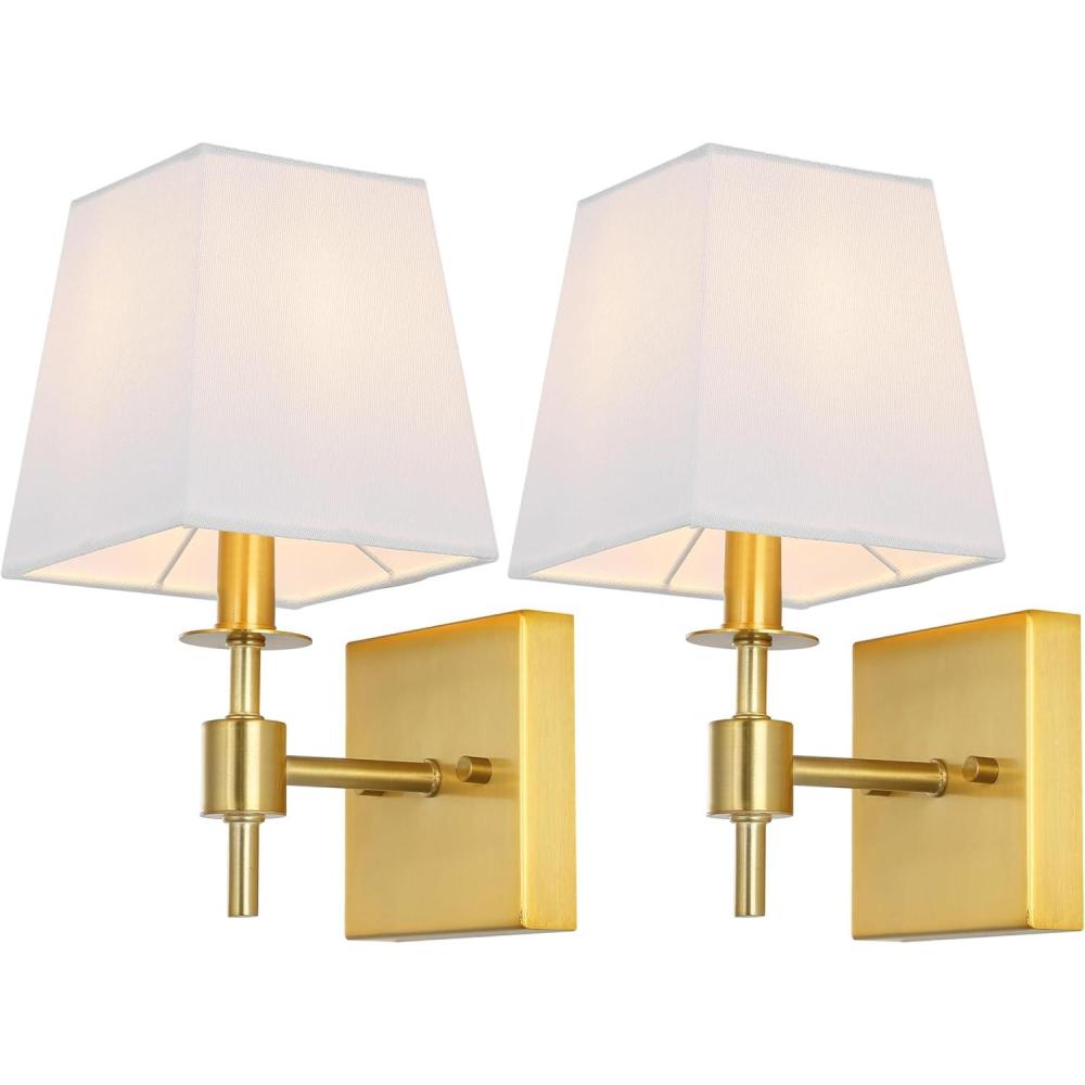 image:imageSAFAVIEH Lighting Collection Clauren Chrome Wall Sconce Set of 2 Light Fixture with White Shade Ideal for Bathroom Entryway Vanity Foyer Hallway Living Room LED Bulbs IncludedBrass