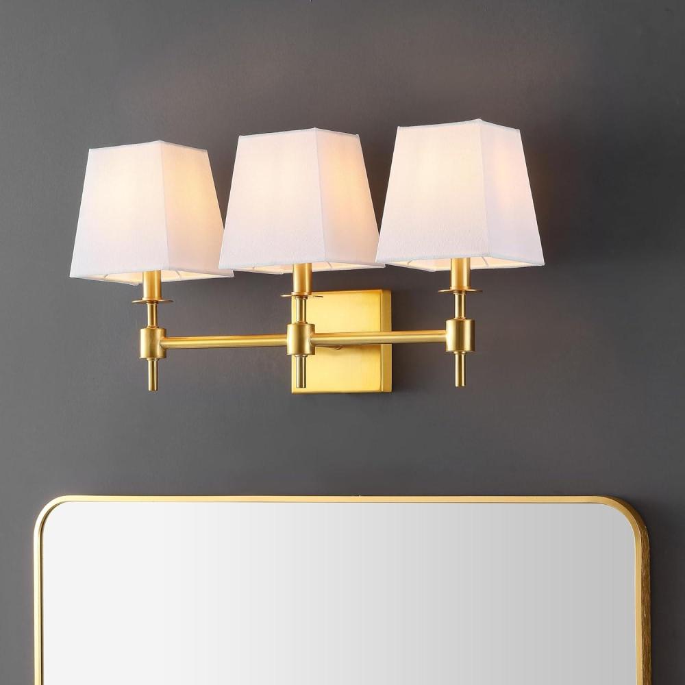 image:imageSAFAVIEH Lighting Collection Clelia Black 3Light Wall Sconce Light Fixture with White Shade Ideal for Bathroom Entryway Vanity Foyer Hallway Living Room LED Bulbs IncludedBrass