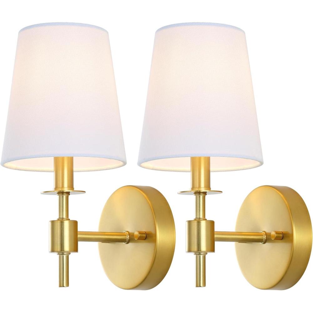 image:imageSAFAVIEH Lighting Collection Dalany Chrome Wall Sconce Set of 2 Light Fixture with White Shade Ideal for Bathroom Entryway Vanity Foyer Hallway Living Room LED Bulbs IncludedBrass