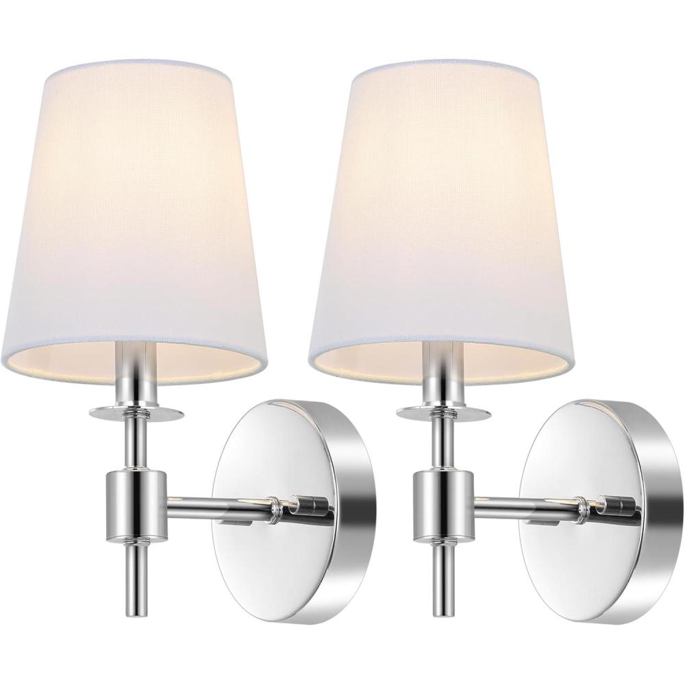 image:imageSAFAVIEH Lighting Collection Dalany Chrome Wall Sconce Set of 2 Light Fixture with White Shade Ideal for Bathroom Entryway Vanity Foyer Hallway Living Room LED Bulbs IncludedChrome