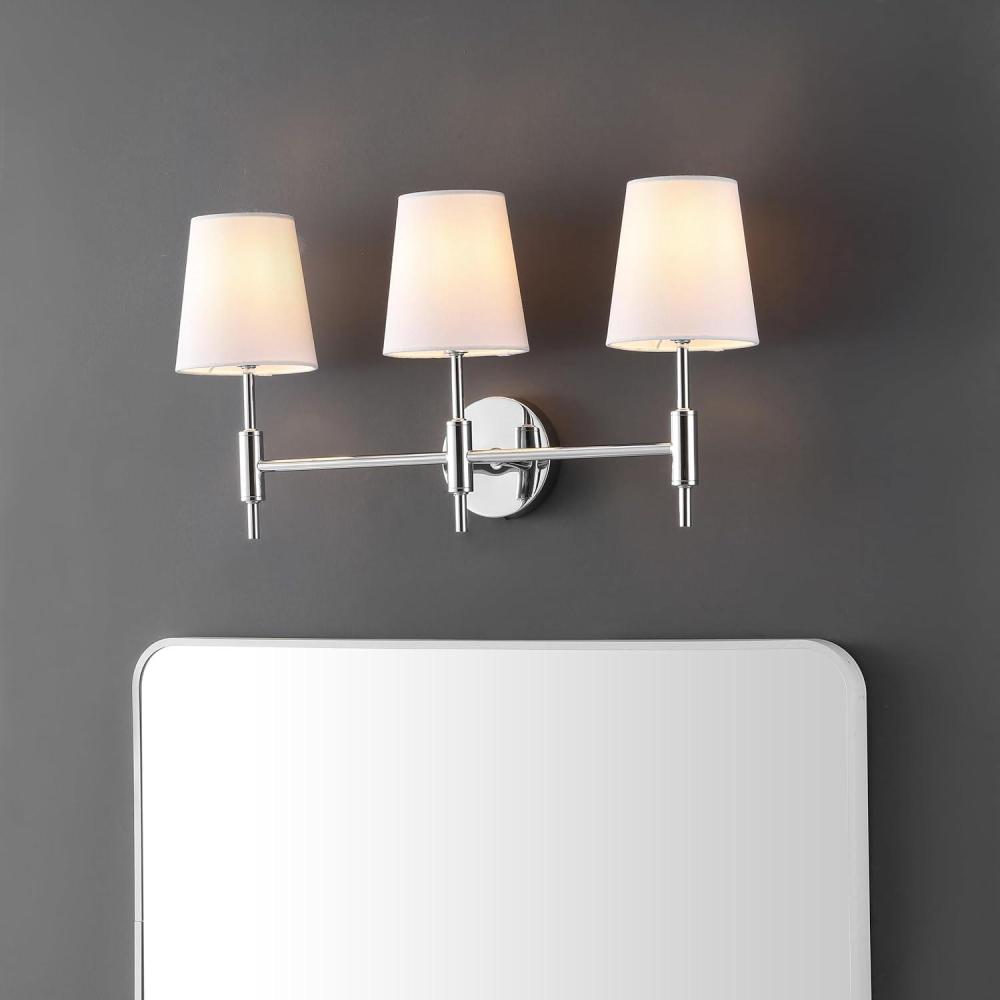 image:imageSAFAVIEH Lighting Collection Darya Brass 3Light Wall Sconce Light Fixture with White Shade Ideal for Bathroom Entryway Vanity Over Mirror Foyer Hallway Living Room LED Bulbs IncludedChrome