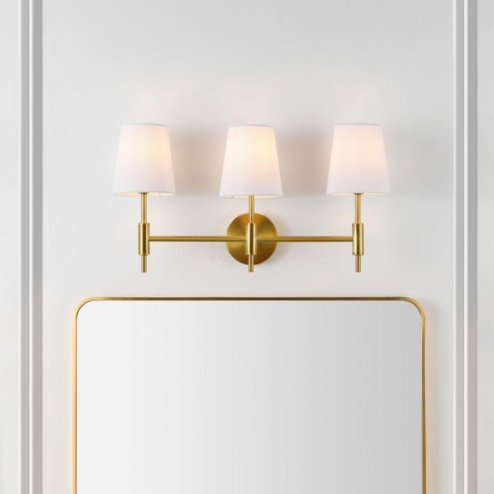 image:imageSAFAVIEH Lighting Collection Darya Brass 3Light Wall Sconce Light Fixture with White Shade Ideal for Bathroom Entryway Vanity Over Mirror Foyer Hallway Living Room LED Bulbs IncludedBrass