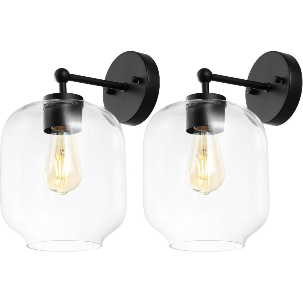 image:imageSAFAVIEH Lighting Collection Edie BlackClear Glass Shade Wall Sconce Set of 2 Light Fixture Ideal for Bathroom Entryway Vanity Foyer Hallway Living Room LED Bulbs IncludedBlack