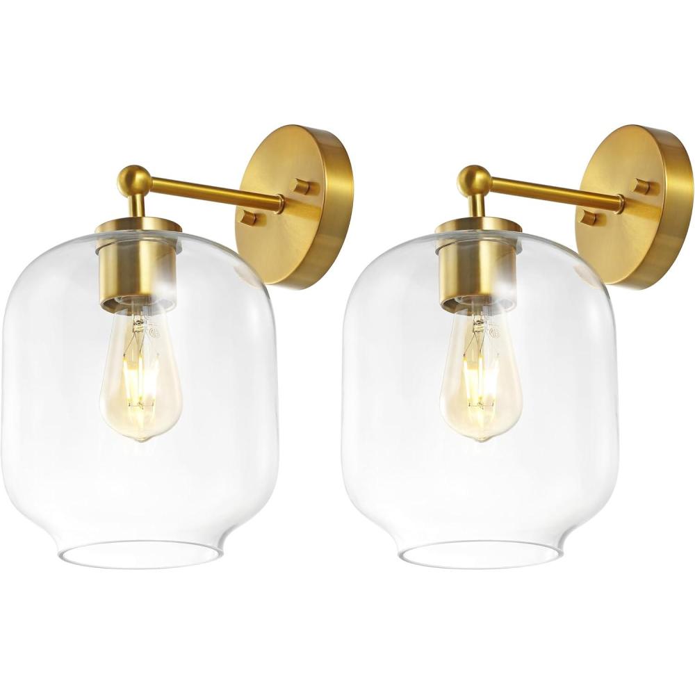 image:imageSAFAVIEH Lighting Collection Edie BlackClear Glass Shade Wall Sconce Set of 2 Light Fixture Ideal for Bathroom Entryway Vanity Foyer Hallway Living Room LED Bulbs IncludedBrass