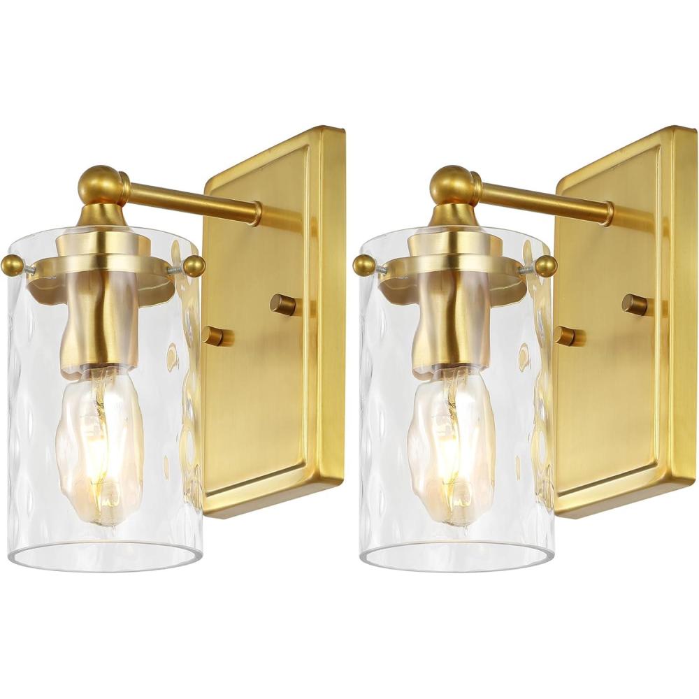 image:imageSAFAVIEH Lighting Collection Jobie BrassGlass Shade Wall Sconce Set of 2 Light Fixture Ideal for Bathroom Entryway Vanity Foyer Hallway Living Room LED Bulbs IncludedBrass