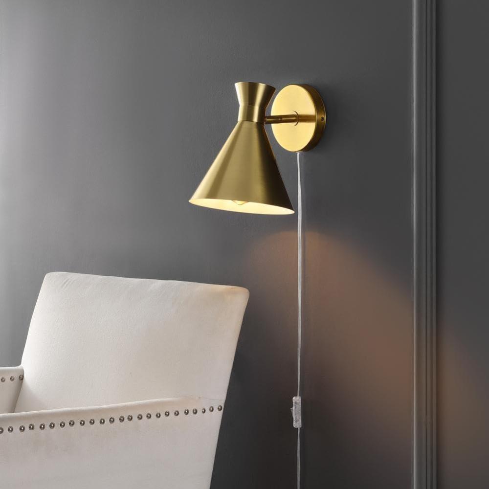 image:imageSAFAVIEH Lighting Collection Jordie Modern Brass Gold Downlight Wall Sconce Light Fixture Ideal for Bathroom Entryway Vanity Foyer Hallway Living Room LED Bulb IncludedBrass