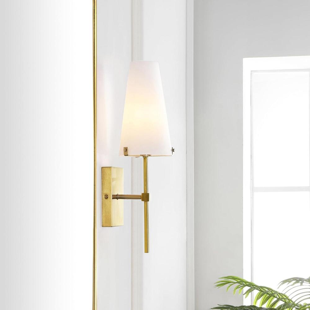 image:imageSAFAVIEH Lighting Collection Nanda BrassWhite Shade Wall Sconce Light Fixture Ideal for Bathroom Entryway Vanity Foyer Hallway Living Room LED Bulb IncludedBrass