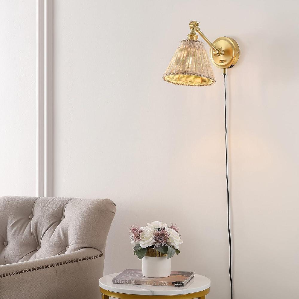 image:imageSAFAVIEH Lighting Collection Oswynn Boho Coastal Natural RattanBrass USB Port Wall Sconce Set of 2NaturalBrass