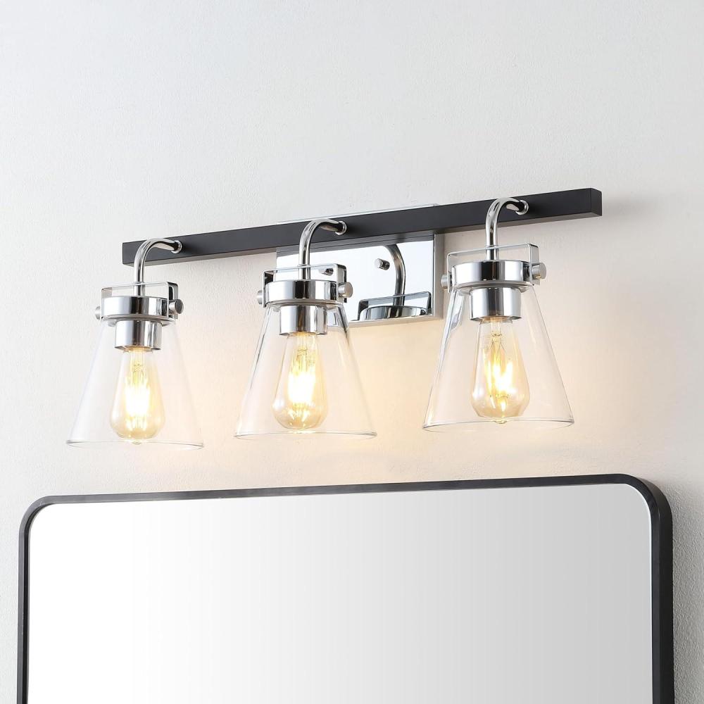 image:imageSAFAVIEH Lighting Collection Rayney ChromeBlack 3Light Wall Sconce Light Fixture Glass Shade Ideal for Bathroom Vanity Over Mirror Entryway Foyer Hallway Living Room LED Bulbs IncludedChromeBlack