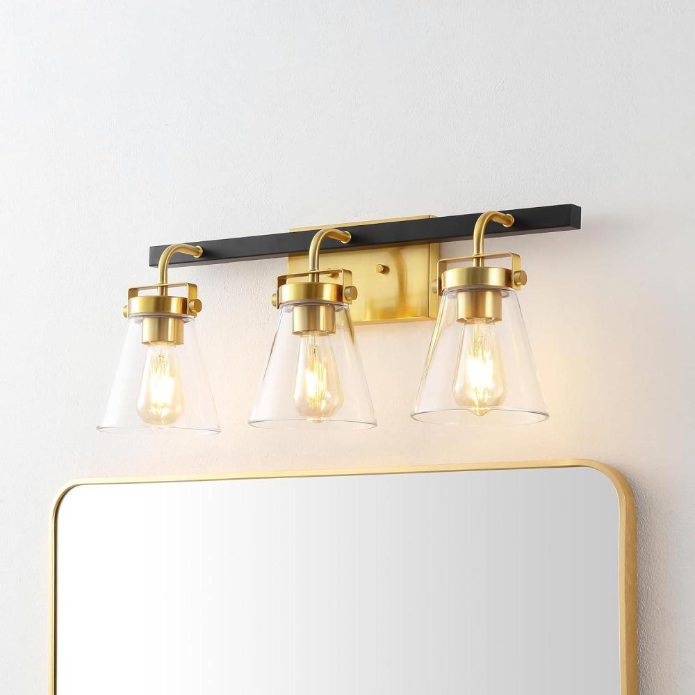 image:imageSAFAVIEH Lighting Collection Rayney ChromeBlack 3Light Wall Sconce Light Fixture Glass Shade Ideal for Bathroom Vanity Over Mirror Entryway Foyer Hallway Living Room LED Bulbs IncludedBrassBlack