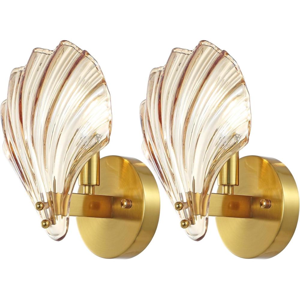 image:imageSAFAVIEH Lighting Collection Sirena AmberBrass Shell Glass Wall Sconce Set of 2 Light Fixture Ideal for Bathroom Entryway Vanity Foyer Hallway Living Room LED Bulbs Included